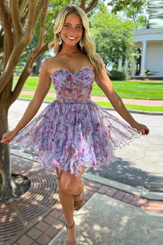 Prom party dresses with a glamorous and elegant aestheticLilac Floral A-Line Ruffle Corset Tulle Strapless Short Prom Dress Prom party dresses with a glamorous and elegant aestheticLilac Floral A-Line Ruffle Corset Tulle Strapless Short Prom Dress