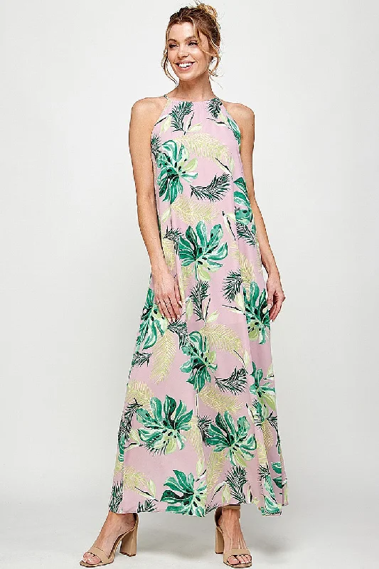 Party dresses with a bow detail for a cute and charming touchLong Halter Neck Tropical Print Maxi Dress Party dresses with a bow detail for a cute and charming touchLong Halter Neck Tropical Print Maxi Dress
