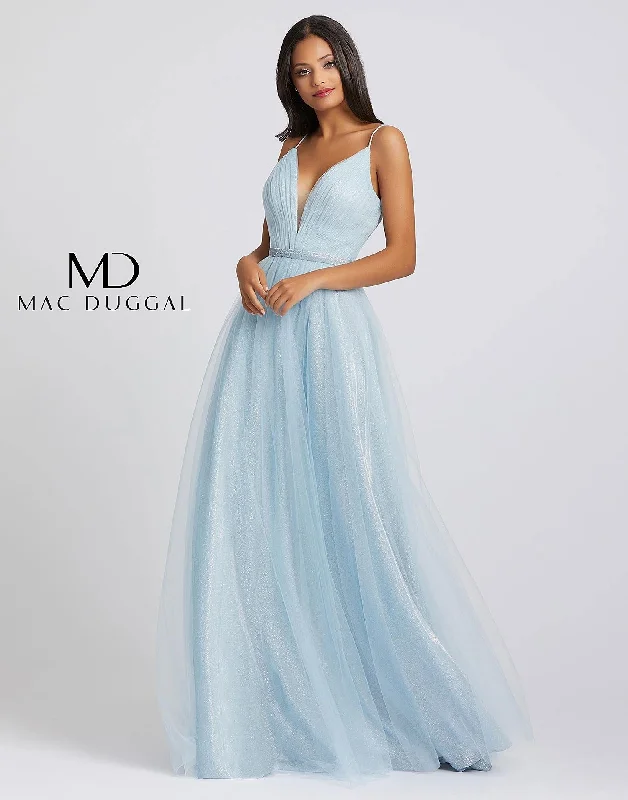 Bodycon dress with a ruffled trim​Mac Duggal 49037 Long Spaghetti Strap Prom Dress