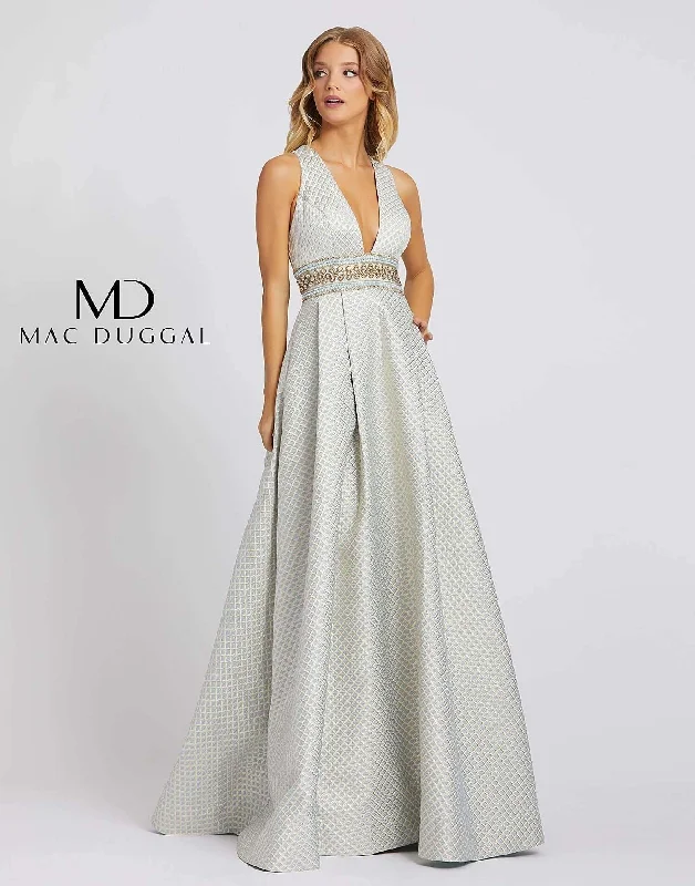 Bodycon dress with a peplum hem​Mac Duggal 26107 Prom Long Sleeveless Metallic Gown