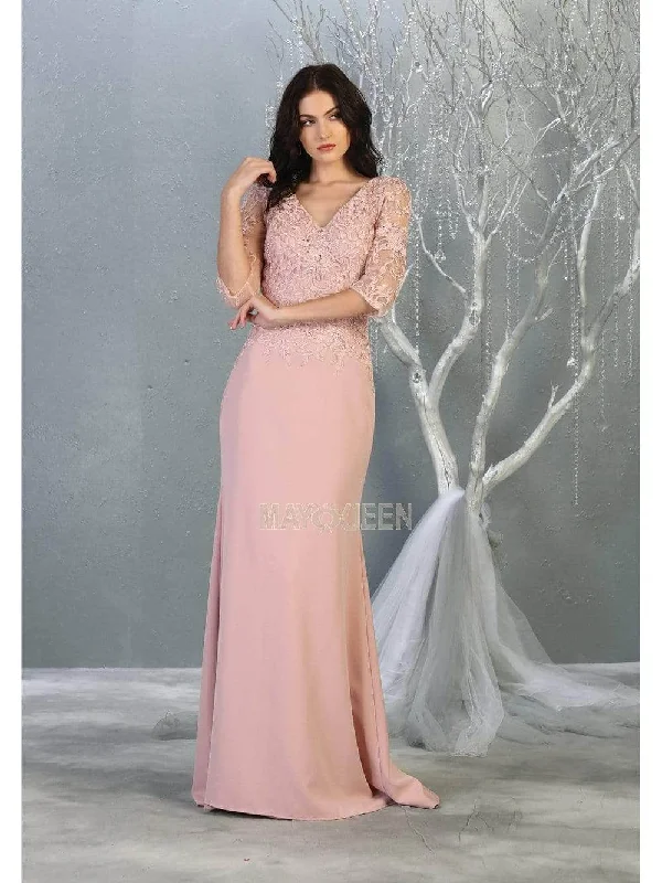 Formal dresses with pleated yokes and button - up fronts for a classic and refined lookMay Queen - Sheer Sleeve Trumpet Evening Dress MQ1783 Formal dresses with pleated yokes and button - up fronts for a classic and refined lookMay Queen - Sheer Sleeve Trumpet Evening Dress MQ1783
