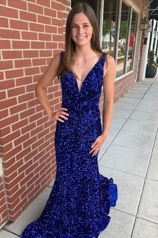 Formal dresses with high - low hems and floral embroidery for a unique prom styleMermaid Blue V-Neck Sequins Long Prom Dress Formal dresses with high - low hems and floral embroidery for a unique prom styleMermaid Blue V-Neck Sequins Long Prom Dress