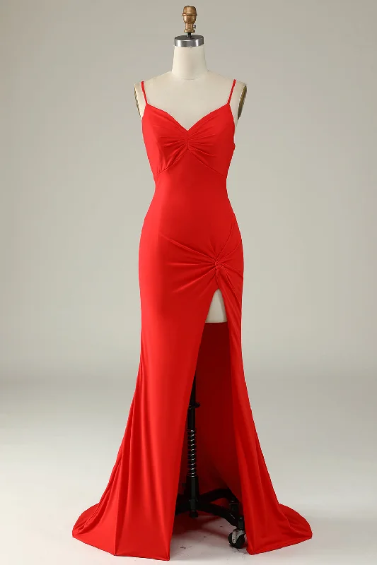 Party dresses with a unique neckline, like a sweetheart or square neckMermaid Spaghetti Straps Red Long Prom Dress with Slit Party dresses with a unique neckline, like a sweetheart or square neckMermaid Spaghetti Straps Red Long Prom Dress with Slit