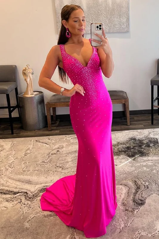Tulle party dresses with a fairy - tale charm for formal occasionsMermaid V Neck Hot Pink Long Prom Dress with Beading Tulle party dresses with a fairy - tale charm for formal occasionsMermaid V Neck Hot Pink Long Prom Dress with Beading