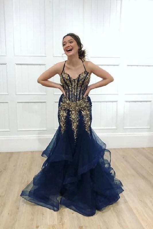 Cocktail party dresses in a classic little black dress styleNavy Tulle Gold Beaded Spaghetti Straps Mermaid Prom Dress PSK023 Cocktail party dresses in a classic little black dress styleNavy Tulle Gold Beaded Spaghetti Straps Mermaid Prom Dress PSK023
