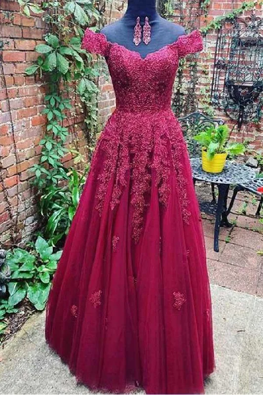 Gothic - style party dresses for a dark and mysterious lookA-line Off Shoulder Burgundy Lace Tulle Prom Dresses Formal Dresses PSK015 Gothic - style party dresses for a dark and mysterious lookA-line Off Shoulder Burgundy Lace Tulle Prom Dresses Formal Dresses PSK015
