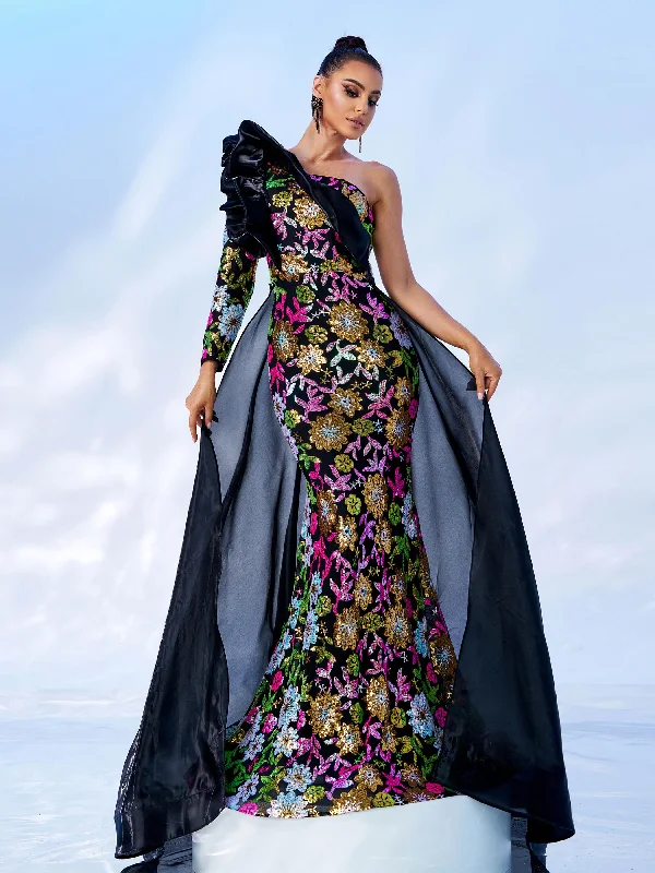 Formal dresses with geometric patterns and metallic accents for a modern formal affairOne Shoulder Ruffled Floral Sequin Evening Dress DH80183 Formal dresses with geometric patterns and metallic accents for a modern formal affairOne Shoulder Ruffled Floral Sequin Evening Dress DH80183