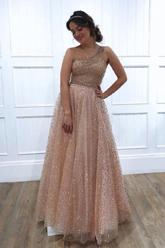 Sleeveless party dresses made of silk for a luxurious feel​One Shoulder Sparkly Sequin Tulle A-Line Long Prom/Evening Dress PSK024