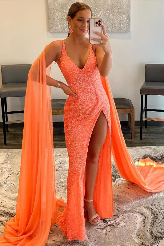 Party dresses with a metallic finish for a shiny and eye - catching effectOrange Watteau Train Sequins Long Prom Dress Party dresses with a metallic finish for a shiny and eye - catching effectOrange Watteau Train Sequins Long Prom Dress