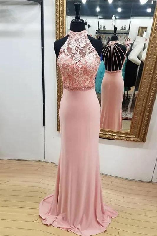 Evening party dresses with a long train for a dramatic entrancePink Lace High neck Open Back Long Mermaid Prom Dress PSK018 Evening party dresses with a long train for a dramatic entrancePink Lace High neck Open Back Long Mermaid Prom Dress PSK018
