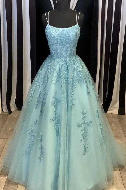 Party dresses with a metallic - thread embroidery for a luxurious touchTulle Lace Long Prom Dress Scoop Spaghetti Formal Evening Gowns PSK014 Party dresses with a metallic - thread embroidery for a luxurious touchTulle Lace Long Prom Dress Scoop Spaghetti Formal Evening Gowns PSK014