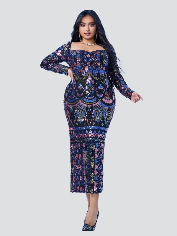 Formal dresses with off - the - shoulder sleeves and rhinestone accents for a sophisticated promPlus Square Neck Sequin Split Midi Dress PRM20830 Formal dresses with off - the - shoulder sleeves and rhinestone accents for a sophisticated promPlus Square Neck Sequin Split Midi Dress PRM20830