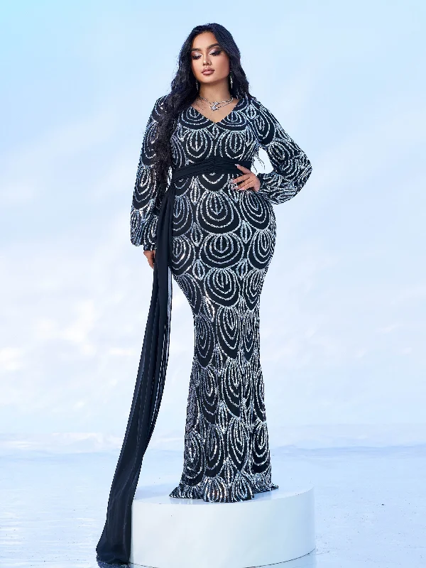 Formal dresses with gathered bodices and wide - leg skirts for a comfortable and stylish silhouettePlus V-Neck Long Sleeve Prom Dress PXJ1524 Formal dresses with gathered bodices and wide - leg skirts for a comfortable and stylish silhouettePlus V-Neck Long Sleeve Prom Dress PXJ1524