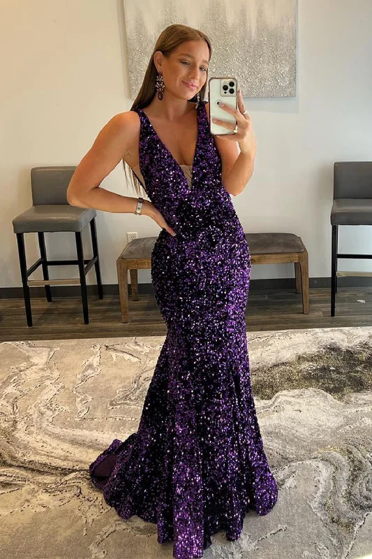 Prom dresses with pom - pom - decorated hems and cotton - blend fabrics for a playful and comfortable formal stylePurple Deep V Neck Mermaid Prom Dress Prom dresses with pom - pom - decorated hems and cotton - blend fabrics for a playful and comfortable formal stylePurple Deep V Neck Mermaid Prom Dress
