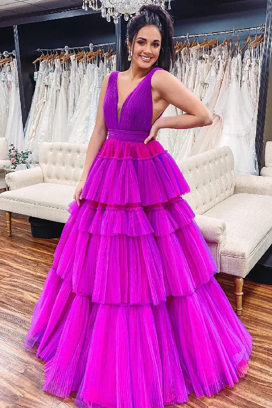 Retro - style party dresses inspired by the 1920s - 1980sPurple Tiered Tulle A-Line Prom Dress Retro - style party dresses inspired by the 1920s - 1980sPurple Tiered Tulle A-Line Prom Dress
