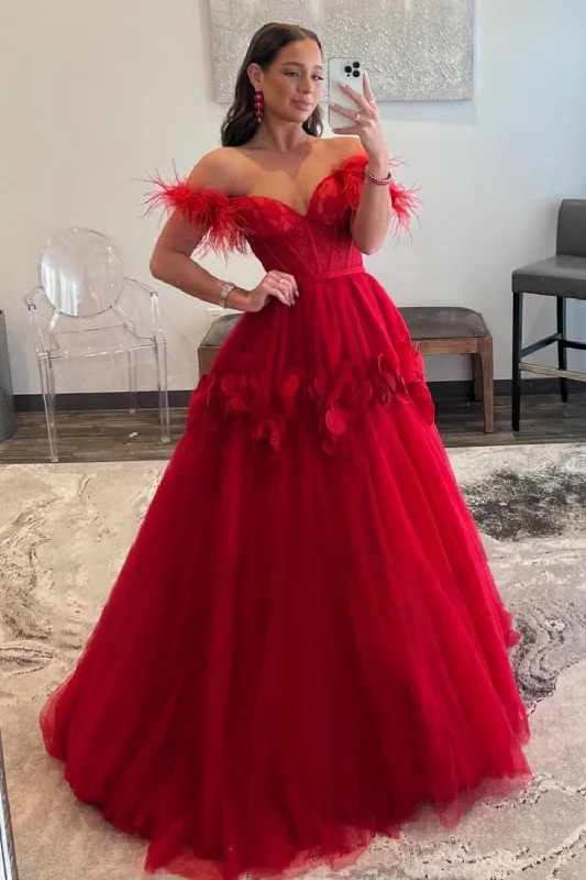 Sleeveless party dresses made of silk for a luxurious feelRed A-Line Corset Long Prom Dress with 3D Flowers Sleeveless party dresses made of silk for a luxurious feelRed A-Line Corset Long Prom Dress with 3D Flowers