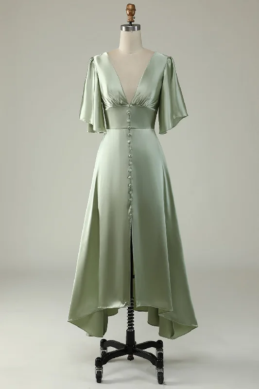 Sheath party dresses in a bold color for a statement - making outfitSatin Deep V-Neck Light Green Long Prom Dress with Button Sheath party dresses in a bold color for a statement - making outfitSatin Deep V-Neck Light Green Long Prom Dress with Button