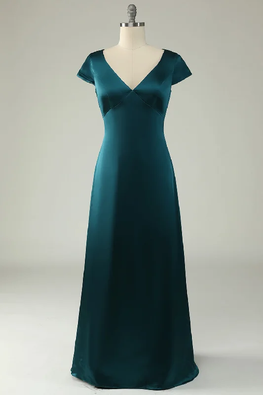 Empire - waist party dresses to accentuate the waistline​Satin V-Neck Dark Green Long Prom Dress