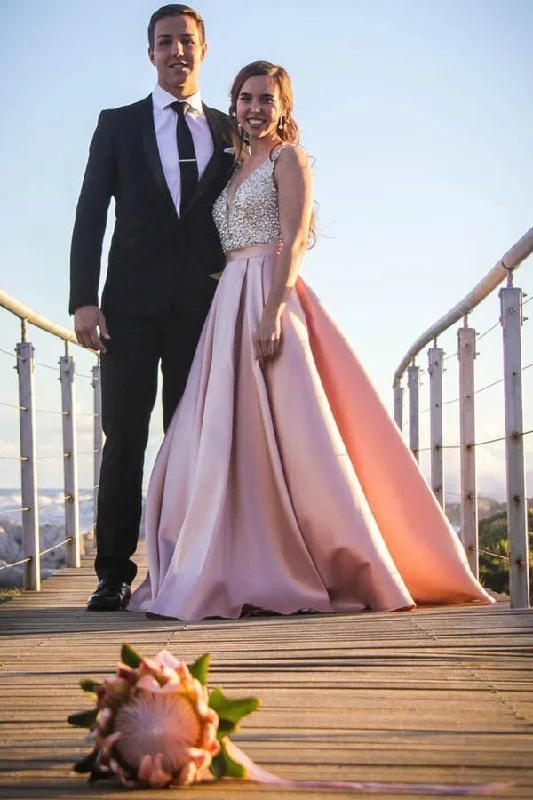 80s - inspired party dresses with bold colors and big shoulders​Sexy Deep V-Neck Beaded Bodice A-Line Blush Satin Prom Evening Dress   PSK013