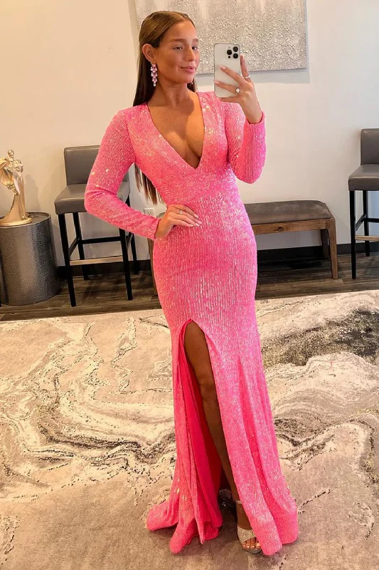 Formal dresses with gathered bodices and wide - leg skirts for a comfortable and stylish silhouetteSheath Deep V Neck Pink Sequins Long Prom Dress with Split Front Formal dresses with gathered bodices and wide - leg skirts for a comfortable and stylish silhouetteSheath Deep V Neck Pink Sequins Long Prom Dress with Split Front