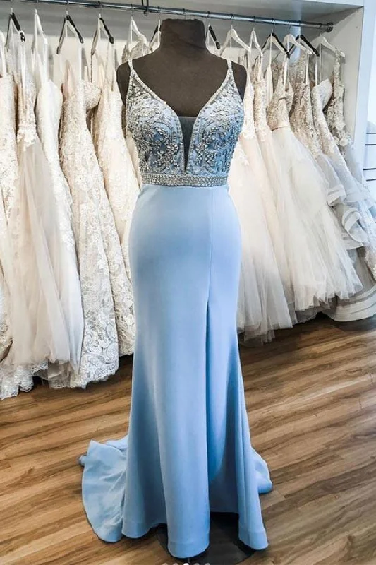 Tulle party dresses with a fairy - tale charm for formal occasionsSky Blue Satin V Neck Sweep Train Beaded Prom Dress Formal Dress PSK019 Tulle party dresses with a fairy - tale charm for formal occasionsSky Blue Satin V Neck Sweep Train Beaded Prom Dress Formal Dress PSK019