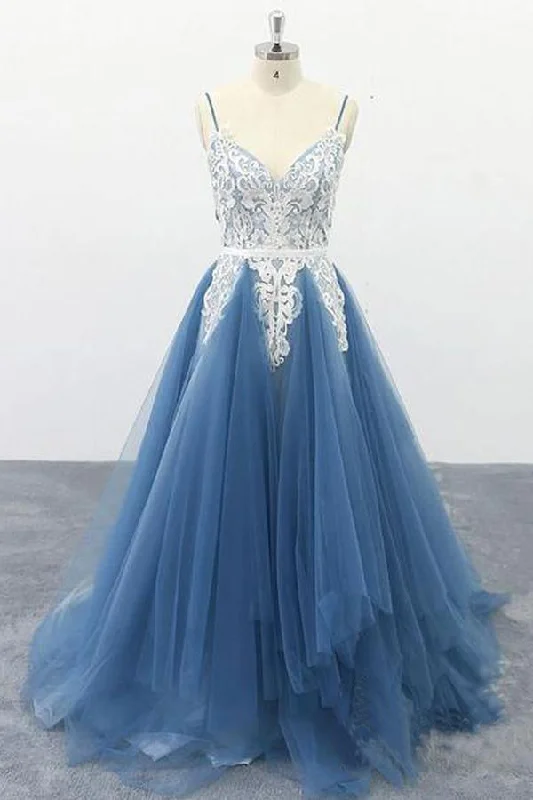 Strapless party dresses with a beaded bodice for added eleganceSpaghetti Straps A Line Ivory Appliqued Blue Tulle Prom Dresses PSK009 Strapless party dresses with a beaded bodice for added eleganceSpaghetti Straps A Line Ivory Appliqued Blue Tulle Prom Dresses PSK009