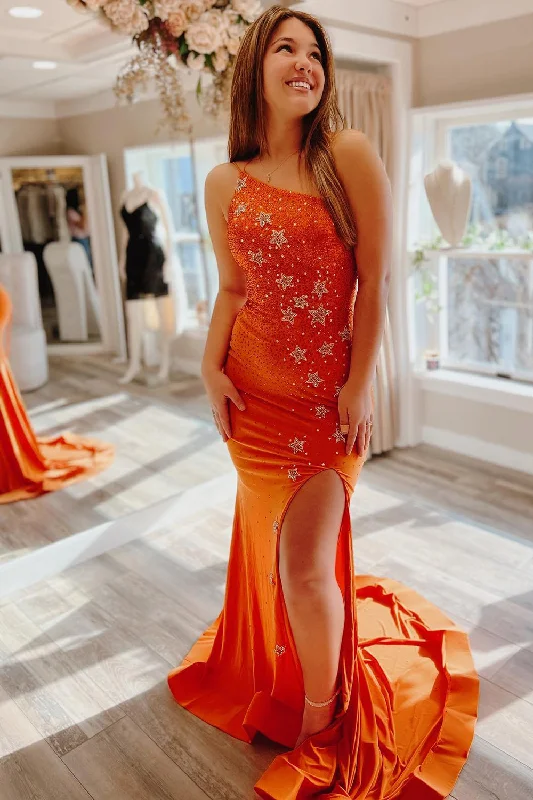 Strapless party dresses with a beaded bodice for added eleganceSparkly Mermaid One Shoulder Orange Long Prom Dress with Star Appliques Strapless party dresses with a beaded bodice for added eleganceSparkly Mermaid One Shoulder Orange Long Prom Dress with Star Appliques