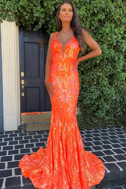 Velvet party dresses in rich jewel tones for a sophisticated appearance​Sparkly Orange Sequin V-Neck Mermaid Long Prom Dress