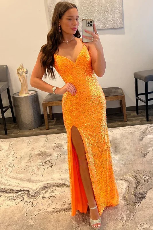 Long - length party dresses with a high - low hem for a trendy styleSparkly Orange Sequins Long Prom Dress with Slit Long - length party dresses with a high - low hem for a trendy styleSparkly Orange Sequins Long Prom Dress with Slit