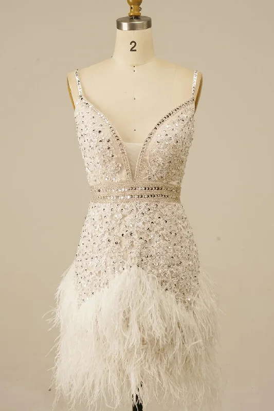 Party dresses with a polka - dot pattern for a classic and playful styleSparkly White Sequined Appliques Tight Short Prom Dress with Feathers Party dresses with a polka - dot pattern for a classic and playful styleSparkly White Sequined Appliques Tight Short Prom Dress with Feathers