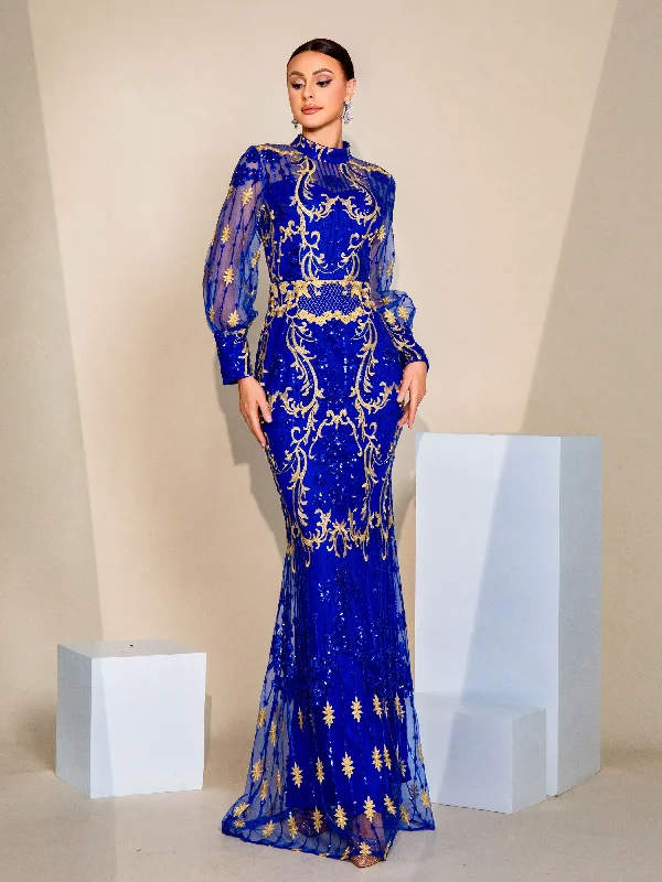 Formal dresses with empire waists and organza overlays for a feminine lookStand Collar Lantern Sleeve Sequin Dress GM00401 Formal dresses with empire waists and organza overlays for a feminine lookStand Collar Lantern Sleeve Sequin Dress GM00401