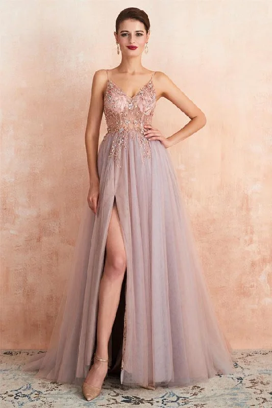 Party dresses with a sheer panel for a hint of allureStraps A-Line Beading Rose Split Tulle Prom Dress with Crystal PSK006 Party dresses with a sheer panel for a hint of allureStraps A-Line Beading Rose Split Tulle Prom Dress with Crystal PSK006