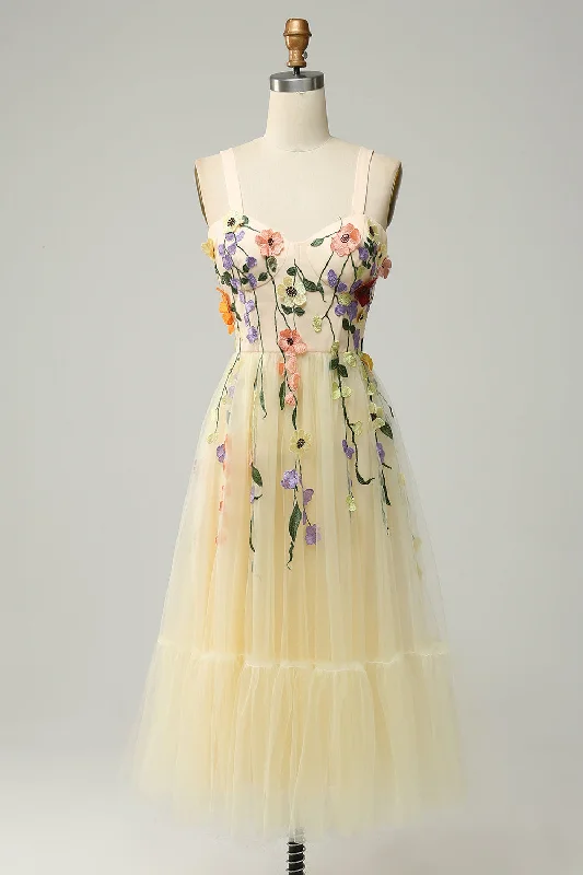 Party dresses with a fringed detail for a fun and dynamic styleTulle Champagne Spaghetti Straps Prom Dress With 3D Flowers Party dresses with a fringed detail for a fun and dynamic styleTulle Champagne Spaghetti Straps Prom Dress With 3D Flowers