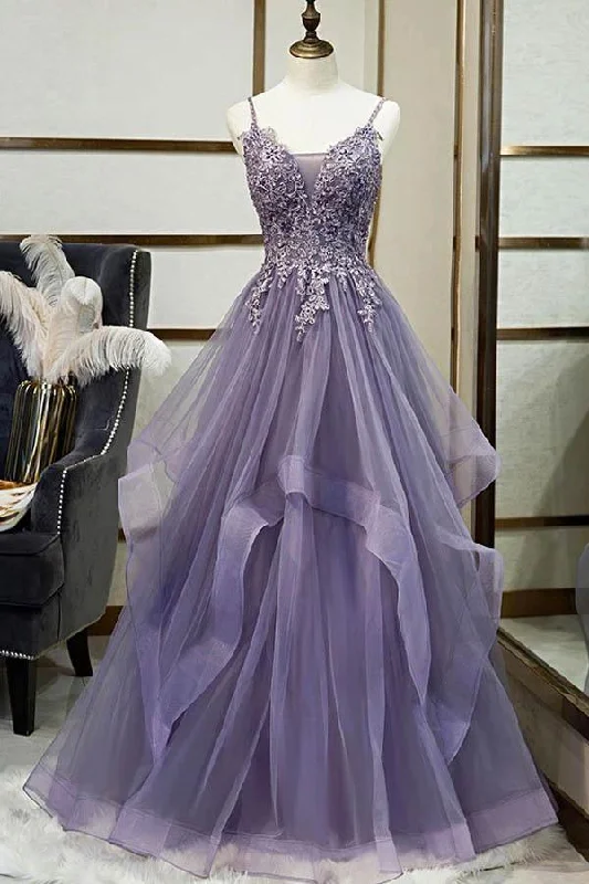 Party dresses with a cut - out design for a daring and edgy styleUnique Long Tulle Spaghetti Straps Layered Prom Dress With Lace Applique PSK017 Party dresses with a cut - out design for a daring and edgy styleUnique Long Tulle Spaghetti Straps Layered Prom Dress With Lace Applique PSK017