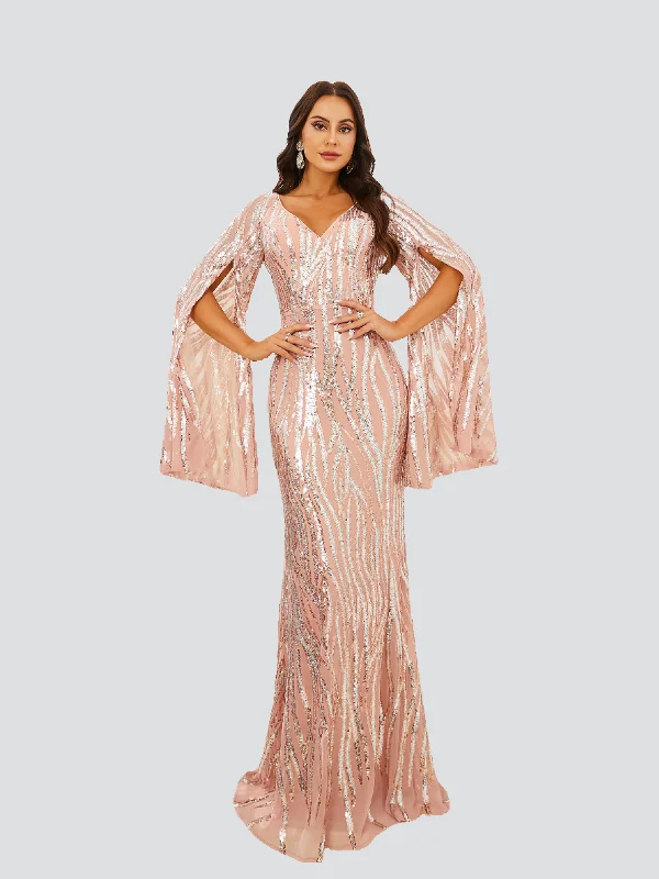 Formal dresses with embroidered panels and tulle overlays for a fairytale promV-Neck Cape Sleeve Sequin Evening Dress RA60215 Formal dresses with embroidered panels and tulle overlays for a fairytale promV-Neck Cape Sleeve Sequin Evening Dress RA60215