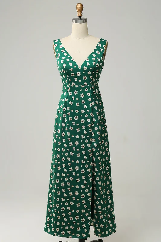 Party dresses with a cut - out design for a daring and edgy styleV-Neck Flower Printed Green Prom Dress with Slit Party dresses with a cut - out design for a daring and edgy styleV-Neck Flower Printed Green Prom Dress with Slit