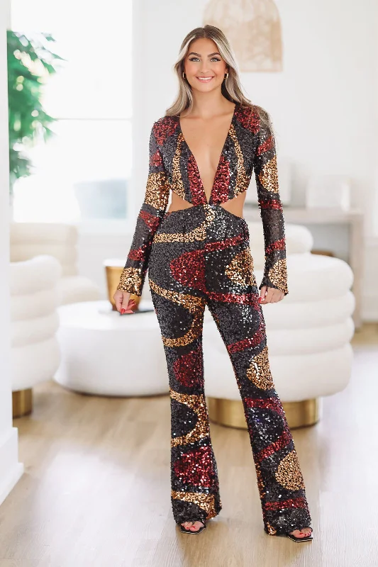 Beach party dresses made of lightweight and breathable fabricVegas Swirl Sequin Jumpsuit - Black Multi Beach party dresses made of lightweight and breathable fabricVegas Swirl Sequin Jumpsuit - Black Multi
