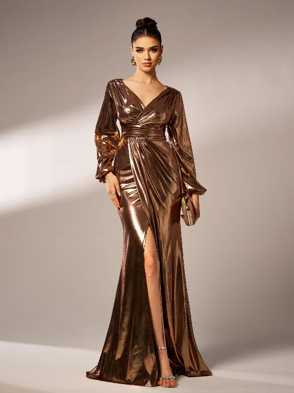 Formal dresses with ruched back panels and button - down fronts for a unique and flattering fitWrap Long Sleeve Metallic Prom Dress RJ12035 Formal dresses with ruched back panels and button - down fronts for a unique and flattering fitWrap Long Sleeve Metallic Prom Dress RJ12035