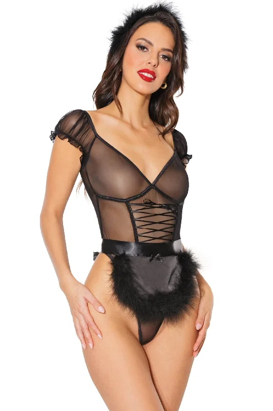 Sheer Bodysuits for a Seductive and Alluring Outfit3 Pc Mesh Maid Teddy Set
