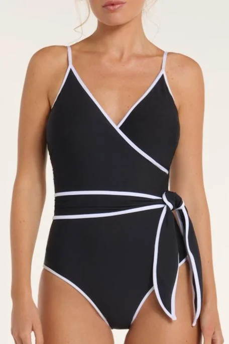 Plus Size Women's Button - Down One - Pieces in Light Blue for a Casual and Comfortable Day OutAmelia V-Neck Wrap One-Piece Swimsuit