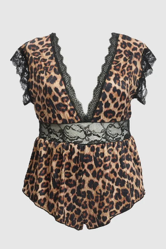 Cut - Out Bodysuits for a Trendy and Fashion - Forward StyleBrown Animal Print Lace Trim Bodysuit Lingerie Cut - Out Bodysuits for a Trendy and Fashion - Forward StyleBrown Animal Print Lace Trim Bodysuit Lingerie