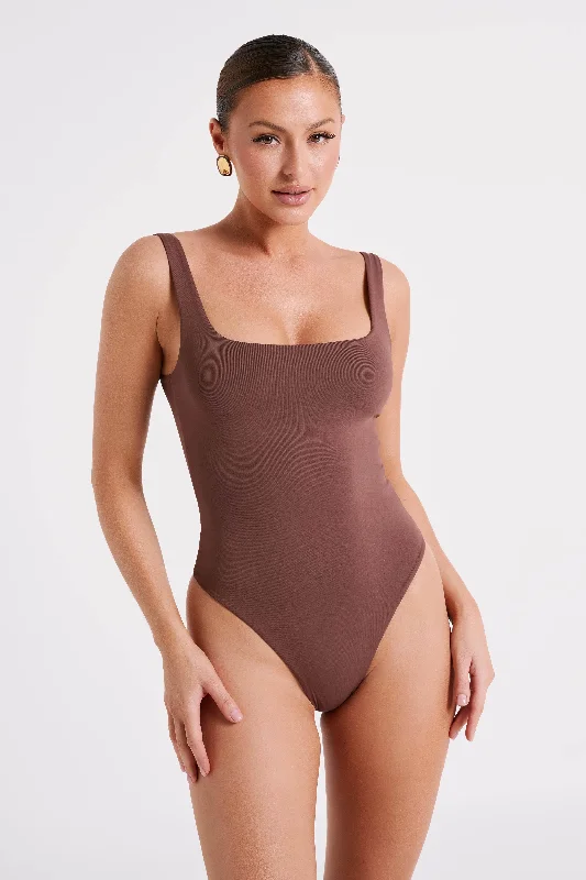 Sheer Bodysuits for a Seductive and Alluring OutfitCharlie Recycled Nylon Scoop Neck Bodysuit - Mocha Sheer Bodysuits for a Seductive and Alluring OutfitCharlie Recycled Nylon Scoop Neck Bodysuit - Mocha