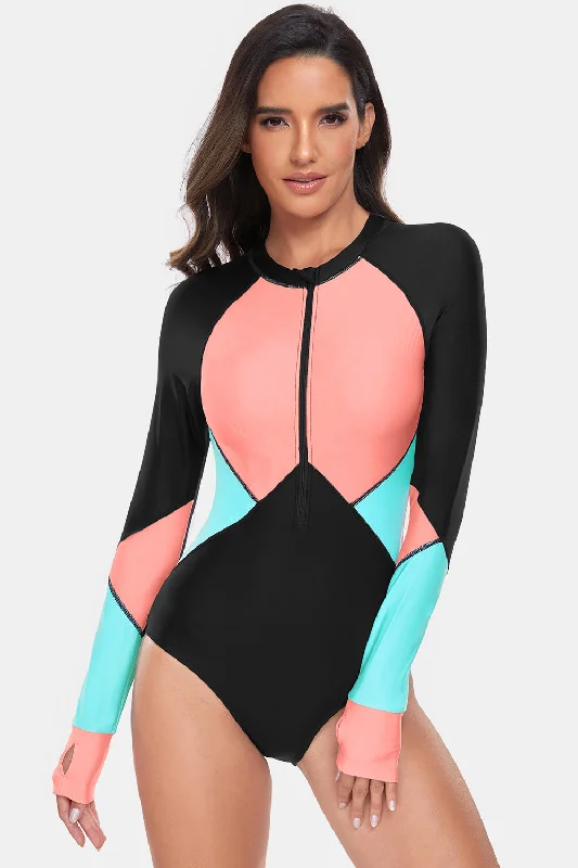 Women's Cut - Out One - Pieces in Black with Geometric Shapes for a Modern and Edgy StyleColor Block Half Zip Long Sleeve One-Piece Swimwear Women's Cut - Out One - Pieces in Black with Geometric Shapes for a Modern and Edgy StyleColor Block Half Zip Long Sleeve One-Piece Swimwear