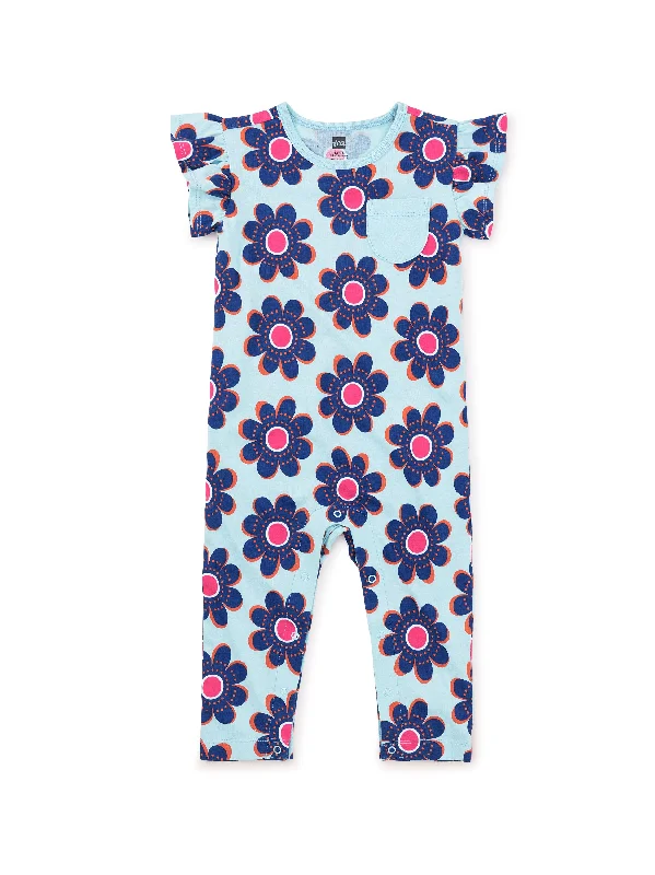 Women's Cut - Out One - Pieces in Black with Geometric Shapes for a Modern and Edgy StyleRuffle Sleeve Pocket Romper - Rosebank Floral