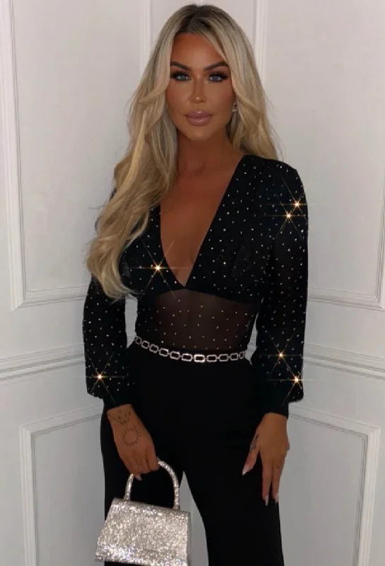 Sleeveless Bodysuits for a Cool and Casual Summer LookDixie Black Hotfix Plunge Bodysuit Sleeveless Bodysuits for a Cool and Casual Summer LookDixie Black Hotfix Plunge Bodysuit
