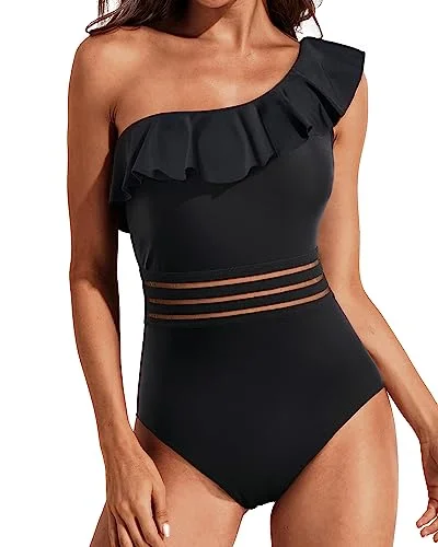 Plus Size Women's Striped One - Pieces in Navy and White for a Nautical - Inspired EnsembleFlounce One Shoulder Tummy Control One Piece Swimsuit