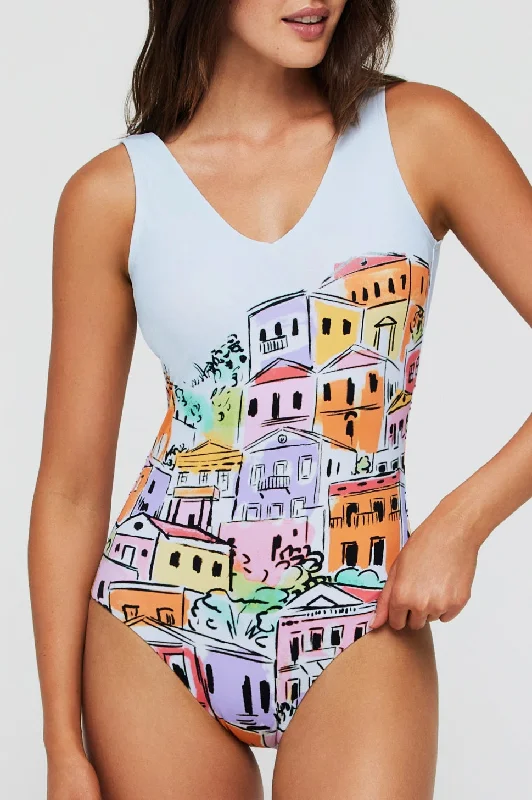 Women's Long - Sleeve Turtleneck One - Pieces in Navy for a Sophisticated Winter EnsembleHalle V-Neck One-Piece Swimsuit in Village Print Women's Long - Sleeve Turtleneck One - Pieces in Navy for a Sophisticated Winter EnsembleHalle V-Neck One-Piece Swimsuit in Village Print