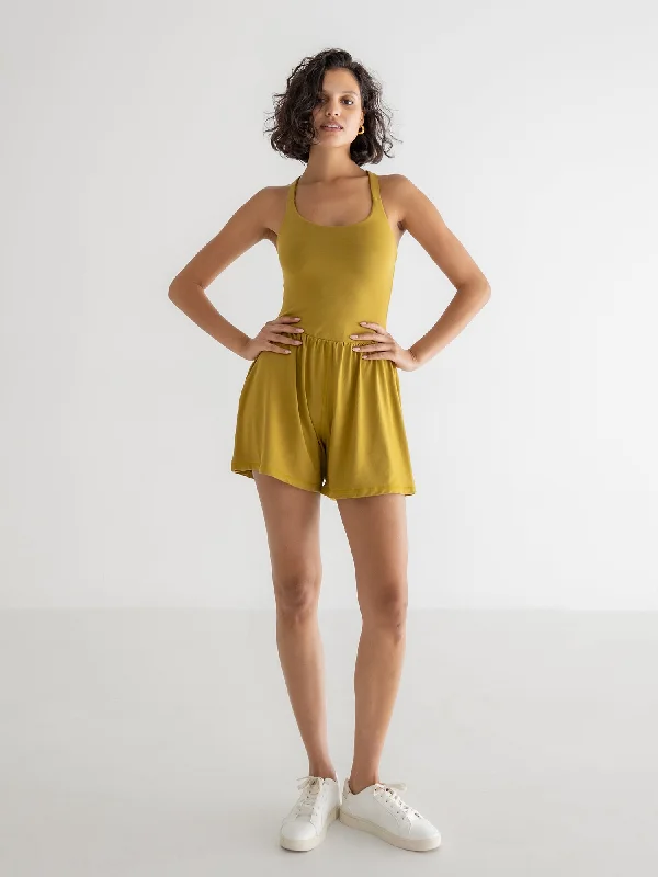Women's Sleeveless One - Pieces in Yellow with Floral Appliques for a Cheerful and Spring - Like LookLila Romper, Chartreuse Women's Sleeveless One - Pieces in Yellow with Floral Appliques for a Cheerful and Spring - Like LookLila Romper, Chartreuse