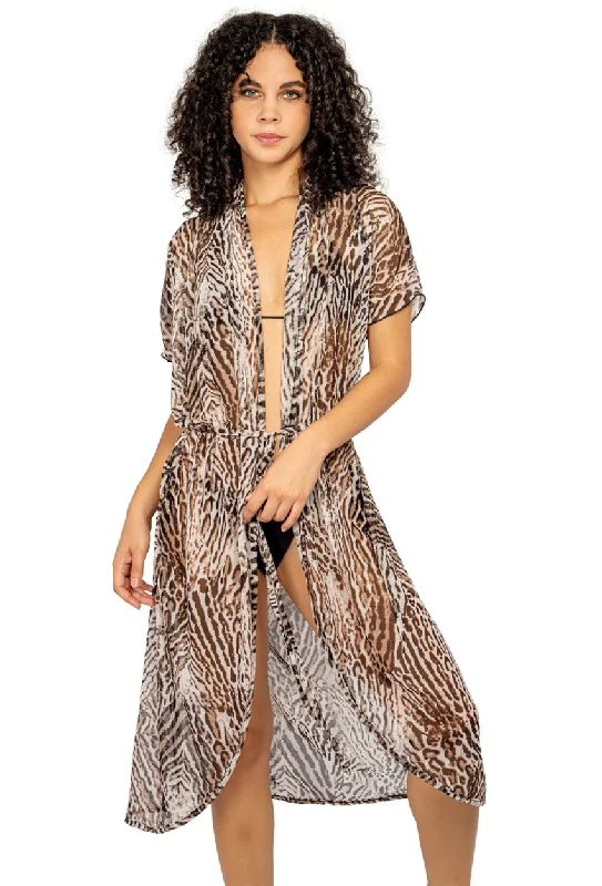 Bohemian - style cover ups for a free - spirited beach aestheticLONG DUSTER WITH TIE BELT - ANIMAL PRINT Bohemian - style cover ups for a free - spirited beach aestheticLONG DUSTER WITH TIE BELT - ANIMAL PRINT