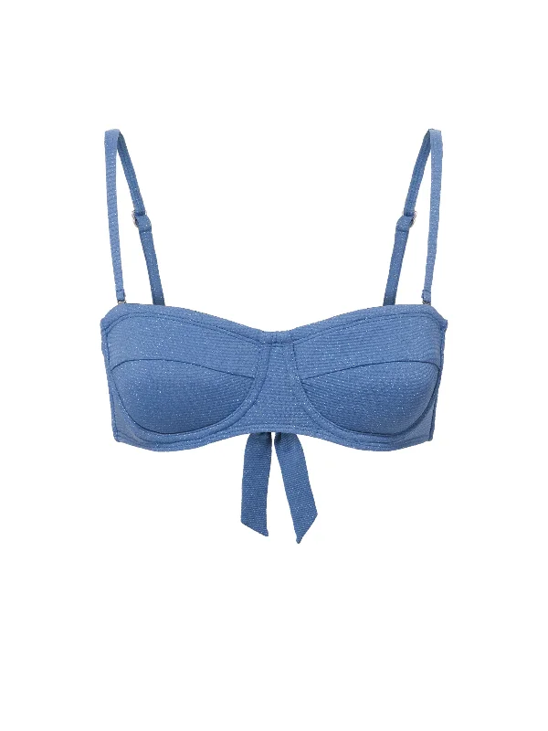 Women's Cut - Out Swim Tops in White with Geometric Shapes for an Edgy Beach StyleNellie Top In Steel Blue Metallic Pique Women's Cut - Out Swim Tops in White with Geometric Shapes for an Edgy Beach StyleNellie Top In Steel Blue Metallic Pique